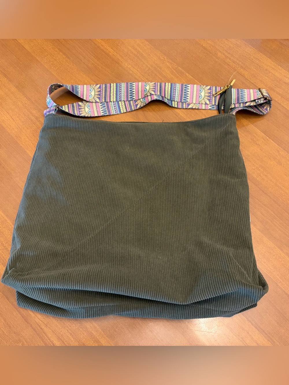 Green Corduroy Shoulder Bag Zip closure and adjustable colorful strap
